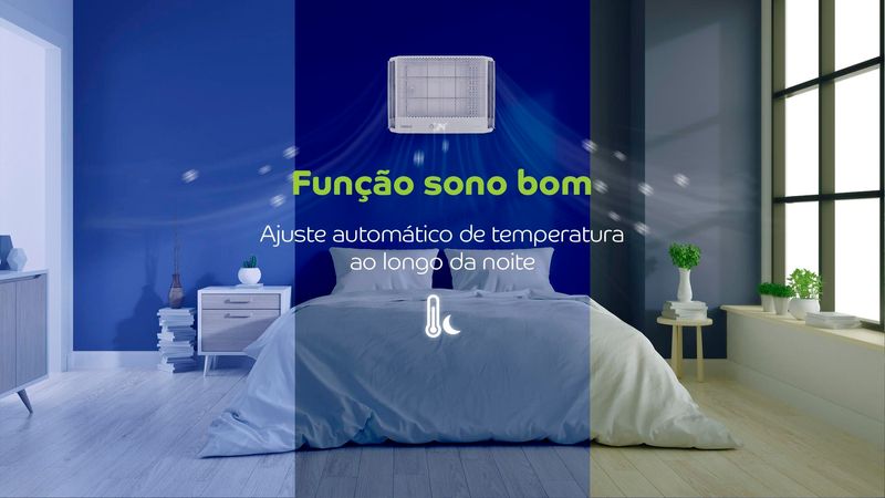 Imagem ilustrativa da função sono bom em um quarto sendo refrigerado pelo ar condicionado de janela durante a noite