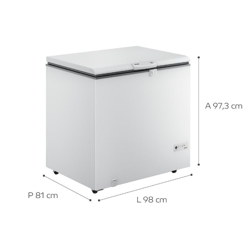 Freezer horizontal com uma porta posicionado na diagonal com ilustração de suas dimensões