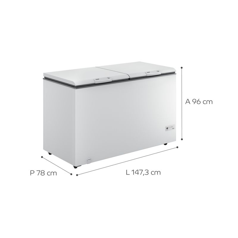 Freezer horizontal com duas portas posicionado na diagonal com ilustrações das dimensões