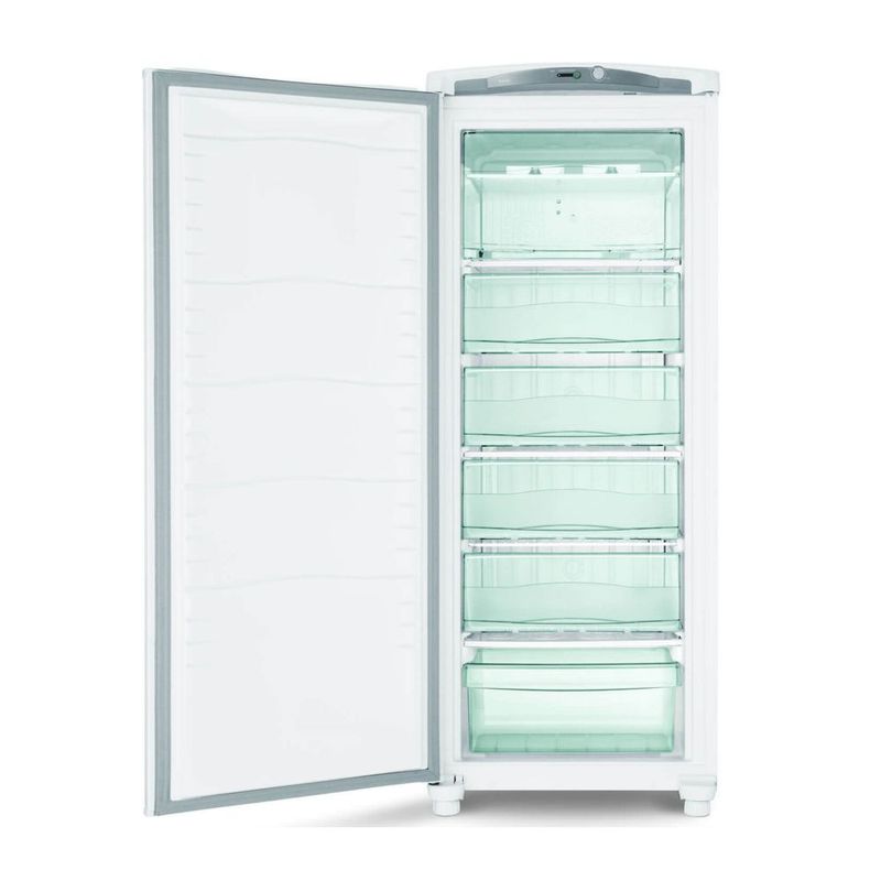 Freezer vertical posicionado de frente com a porta aberta