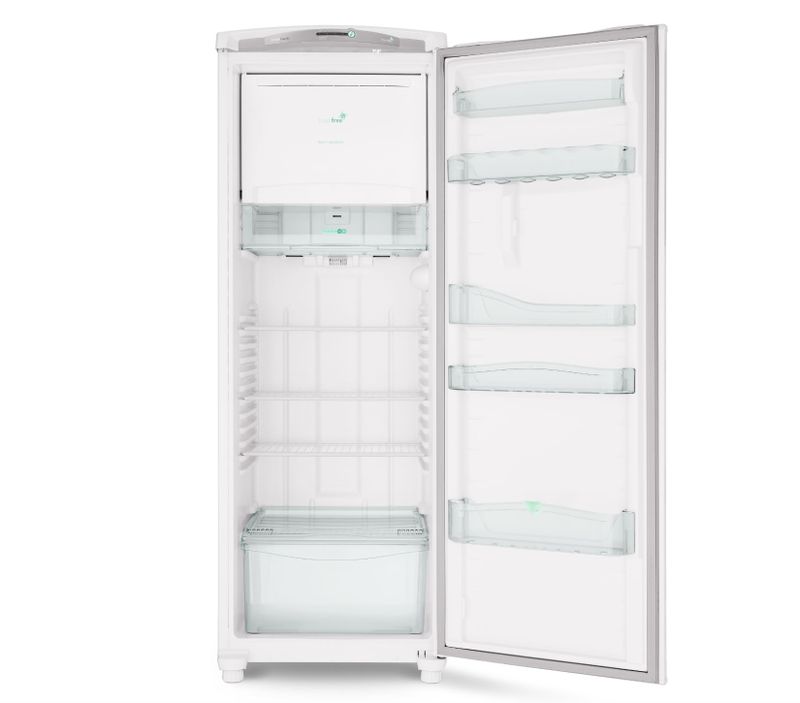 Posição frontal da geladeira com a porta aberta, onde são vistas as prateleiras e demais compartimentos internos.