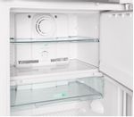 Imagem interna do congelador com uma prateleira que o divide ao meio, e compartimento extra frio que fica abaixo