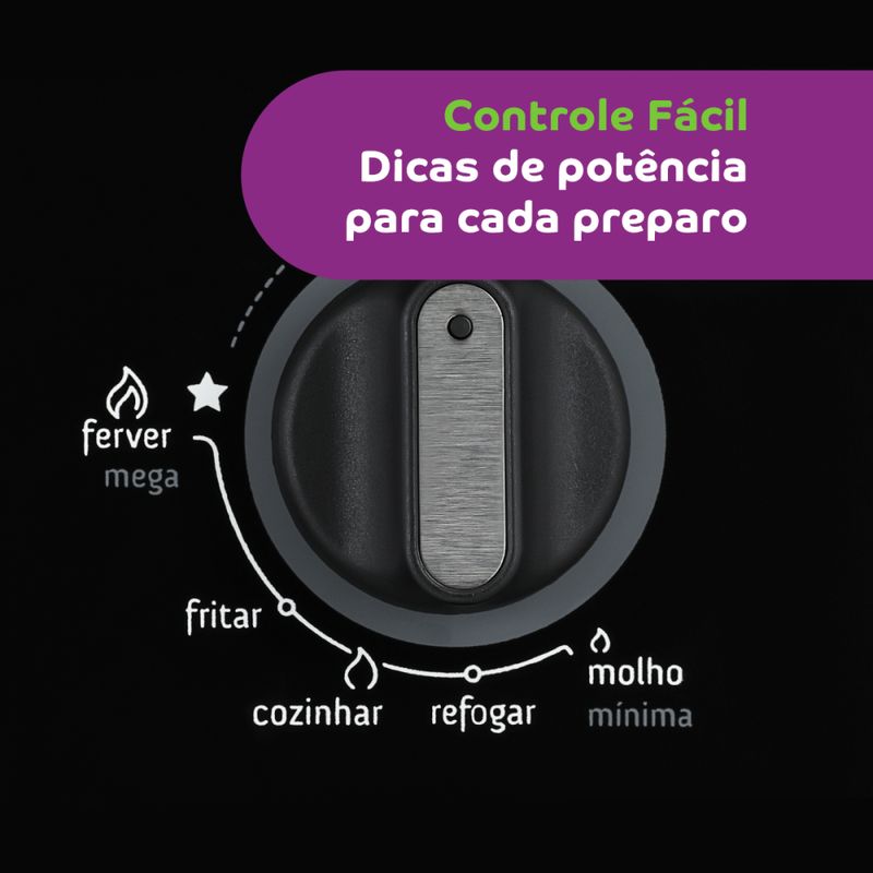 Botão do cooktop, que contém legenda em seu entorno para controle da intensidade da chama.