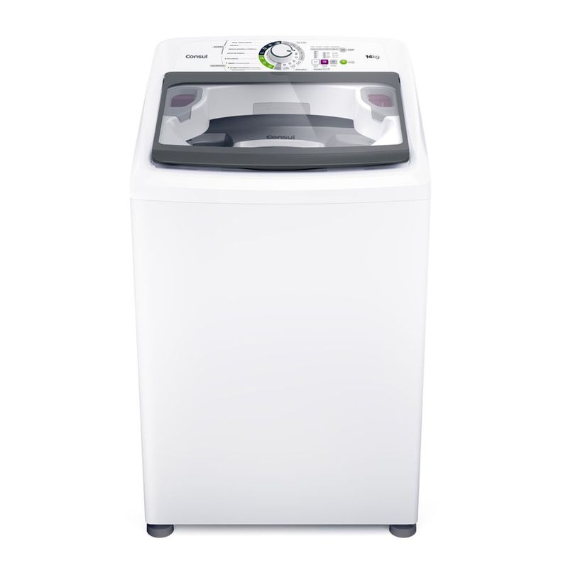 Máquina de lavar roupas com tampa superior na cor branco, posicionada de frente