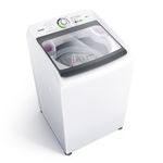 Máquina de lavar roupas com tampa superior na cor branco, posicionada na diagonal