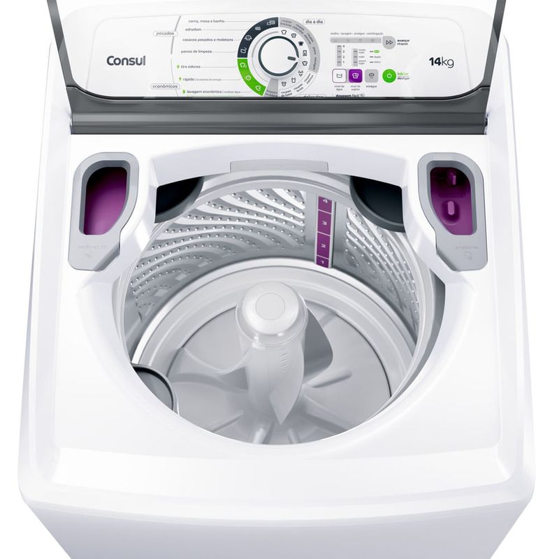 Máquina de lavar roupas vista de cima, com a tampa aberta, com seu interior vazio.