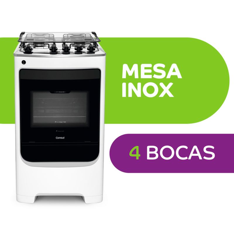 Imagem ilustrativa do fogão informando sobre sua mesa de inox e 4 bocas