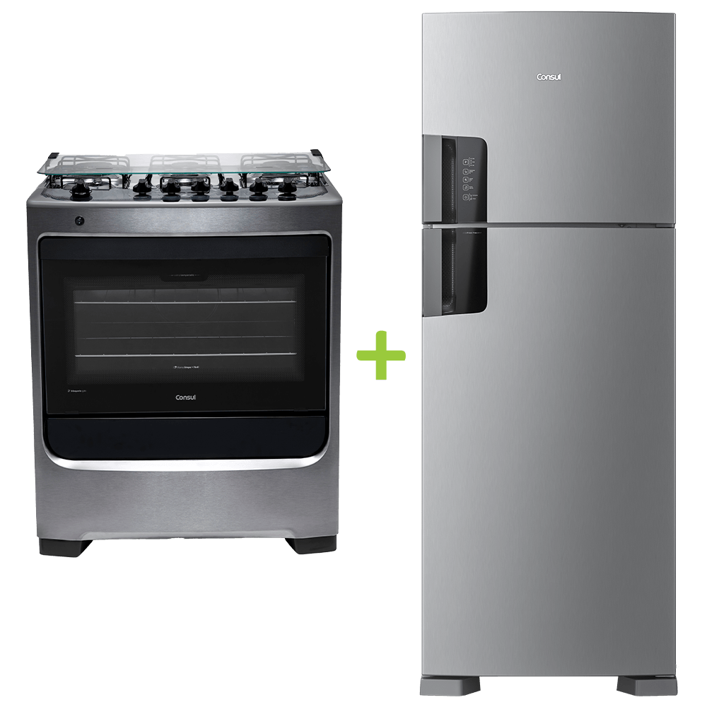 Combo Fogão Consul 6 bocas cor Inox - CFS6NAR e Geladeira Consul Frost Free Duplex 450 litros com Espaço Flex cor Inox - CRM56HK - CFS6_CRM5_CJ