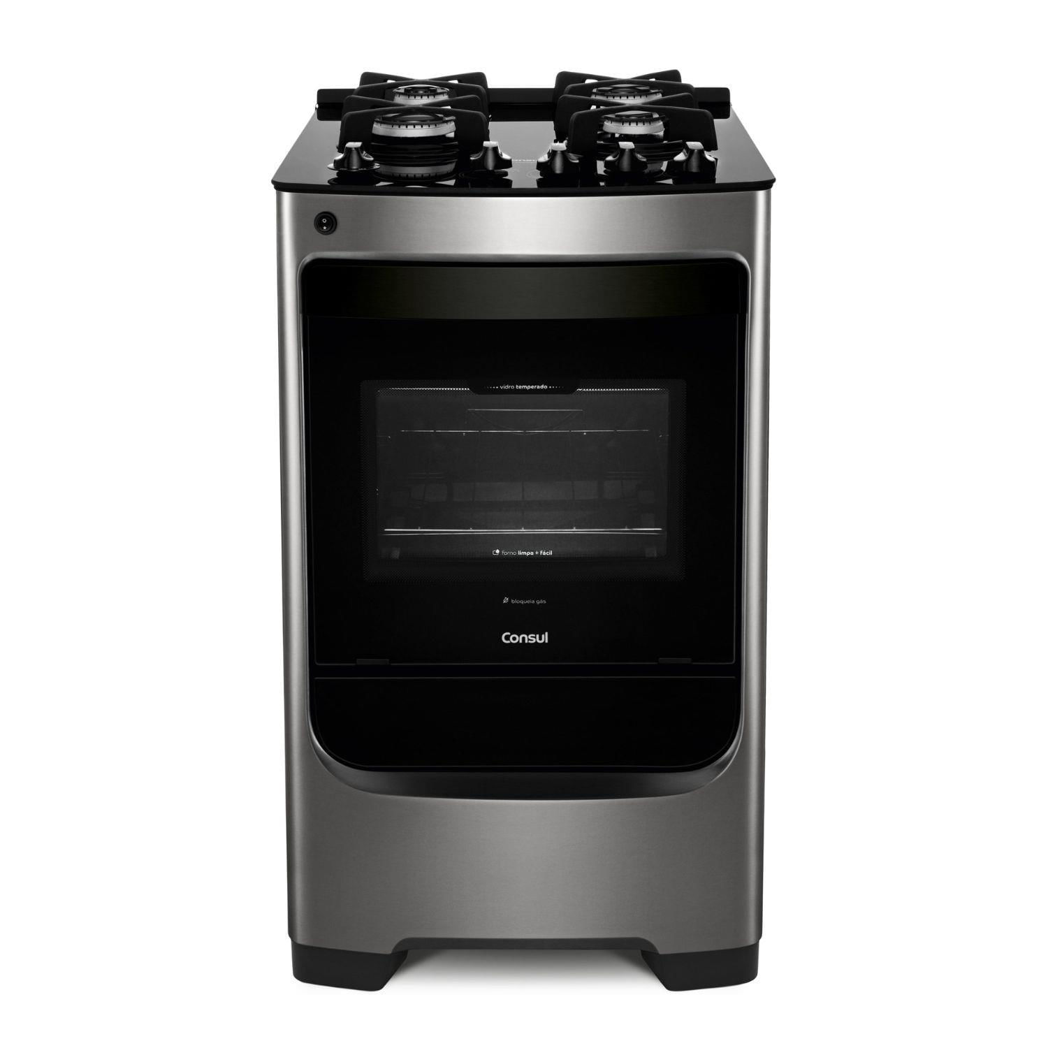 Fogão Consul 4 bocas cor Inox com mesa de vidro e grade de ferro fundido - CFO4VAR Menor preço em Fogão Consul 4 bocas cor Inox com mesa de vidro e grade de ferro fundido - CFO4VAR