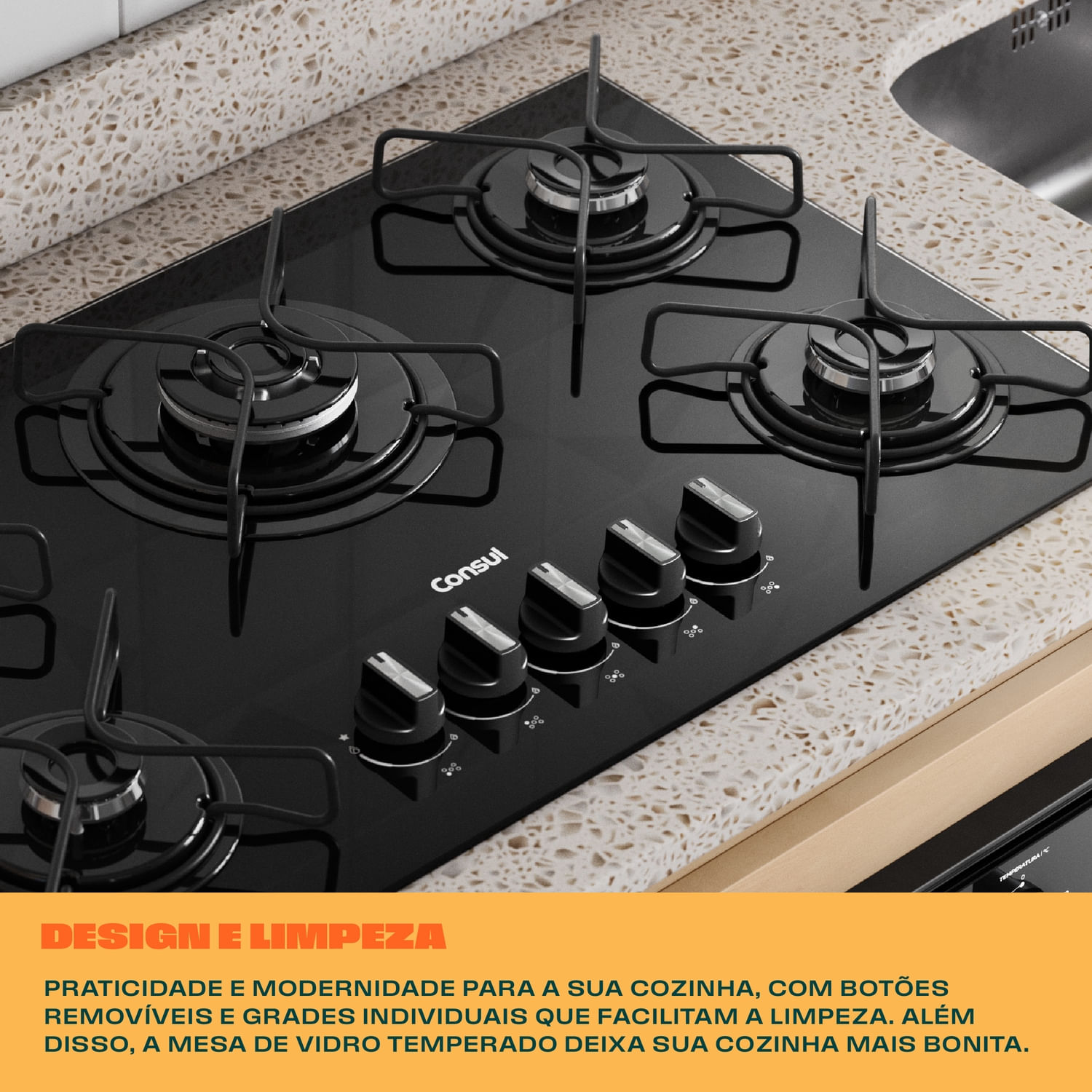 Cooktop 5 Bocas a Gás Consul com Queimadores Especiais e Mesa de Vidro ...