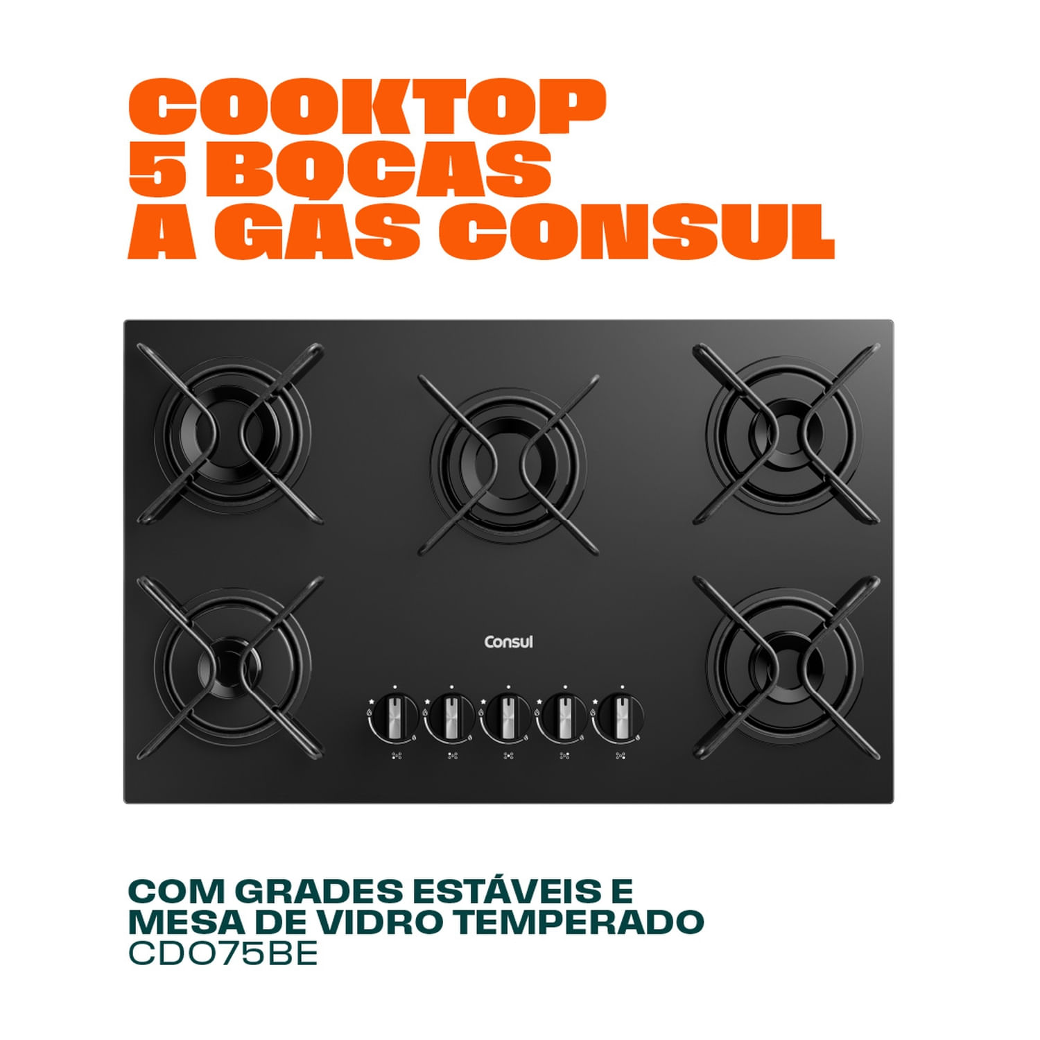 Cooktop 5 Bocas a Gás Consul com Grades Estáveis e Mesa de Vidro ...