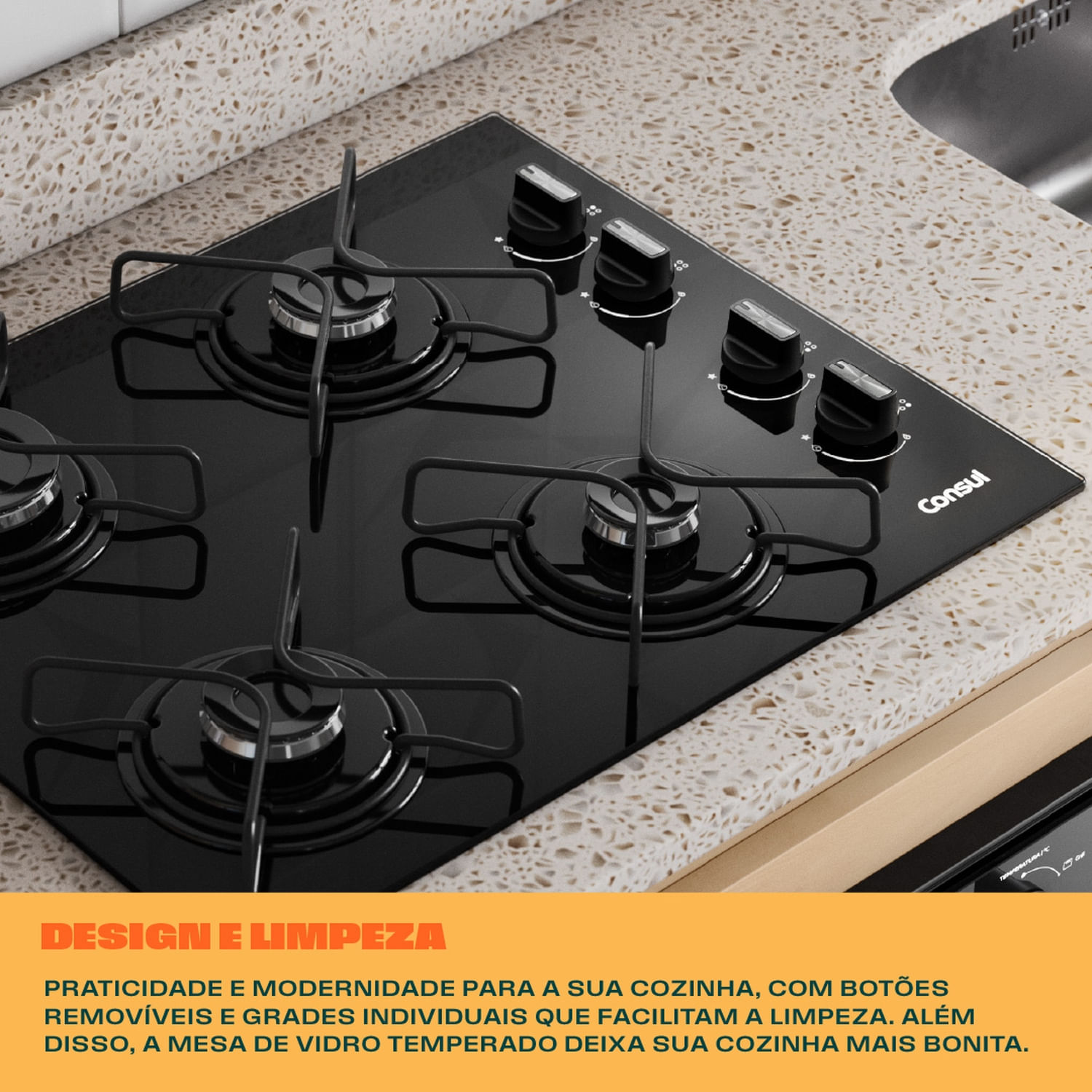 Cooktop 4 Bocas a Gás Consul com Grades Estáveis e Mesa de Vidro ...