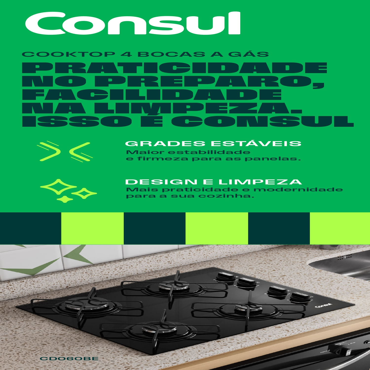 Cooktop 4 Bocas a Gás Consul com Grades Estáveis e Mesa de Vidro ...