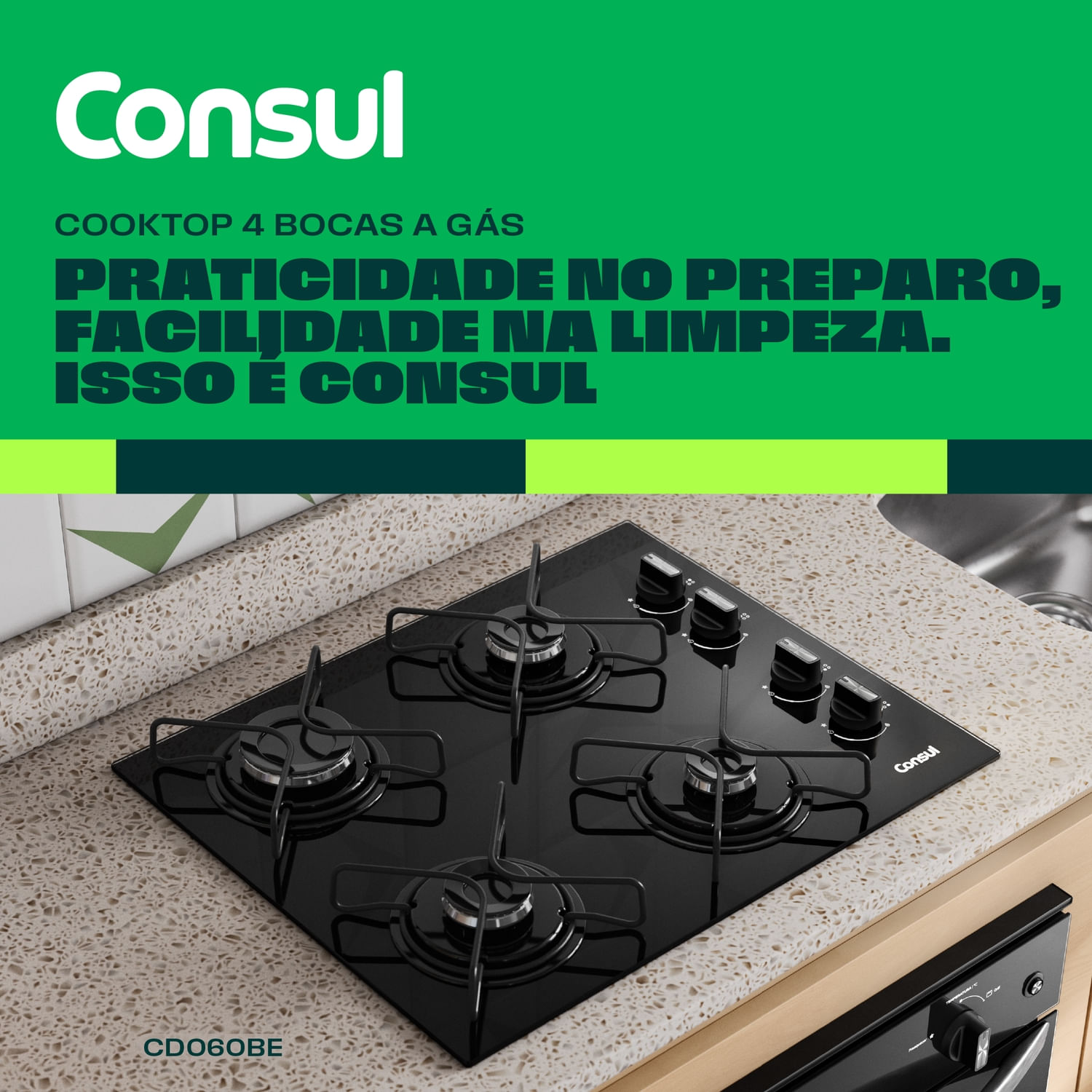 Cooktop 4 Bocas a Gás Consul com Grades Estáveis e Mesa de Vidro ...