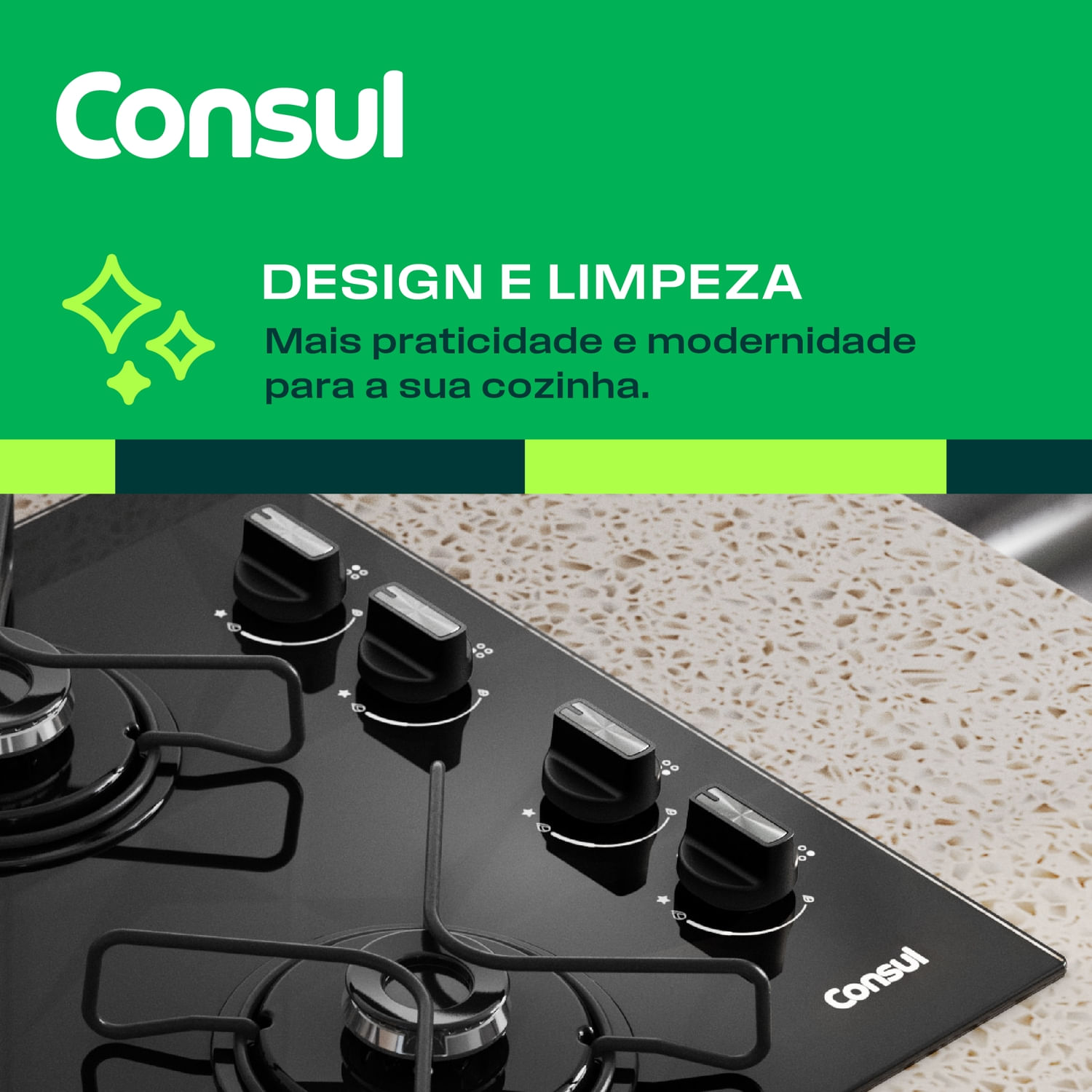 Cooktop 4 Bocas a Gás Consul com Grades Estáveis e Mesa de Vidro ...